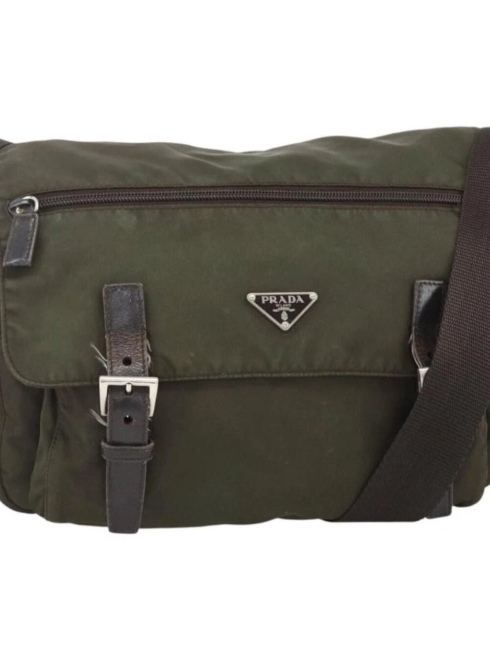 PRADA Shoulder Bag Nylon Khaki Silver Auth 174309